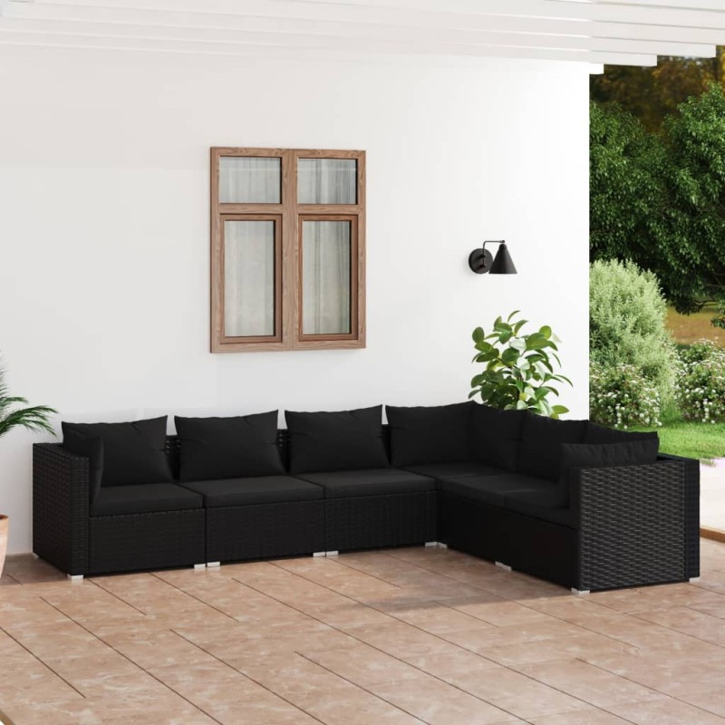 6 pcs conjunto lounge de jardim c/ almofadões vime PE preto-Conjuntos de jardim-Home Retail