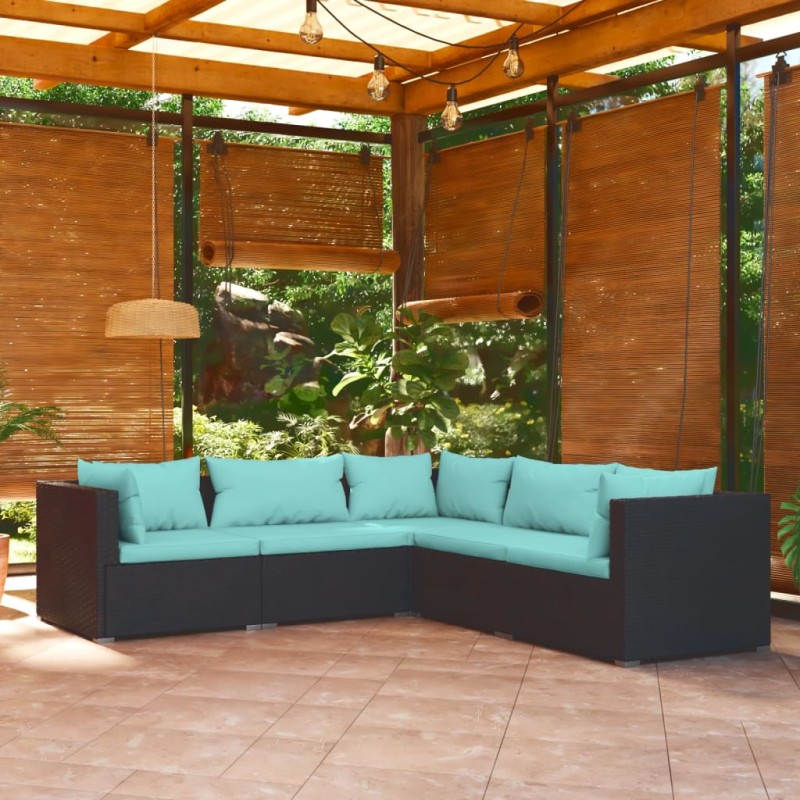 5 pcs conjunto lounge de jardim c/ almofadões vime PE preto-Conjuntos de jardim-Home Retail