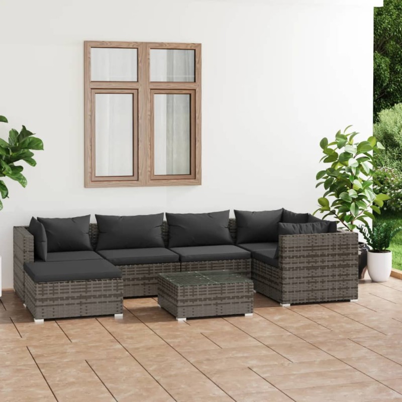 7 pcs conjunto lounge de jardim c/ almofadões vime PE cinzento-Conjuntos de jardim-Home Retail