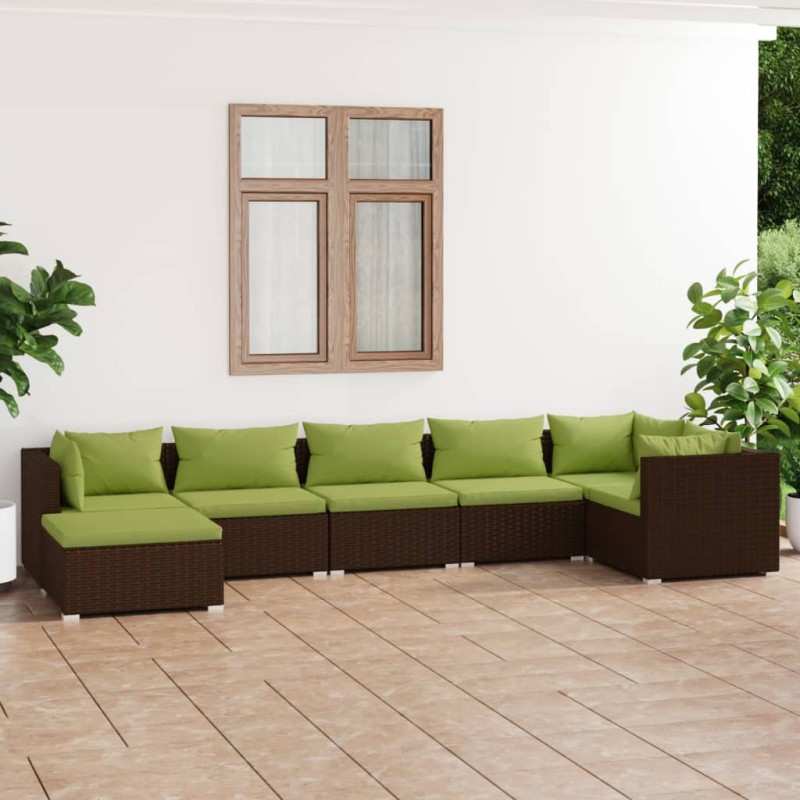 7 pcs conjunto lounge jardim c/ almofadões vime PE castanho-Conjuntos de jardim-Home Retail