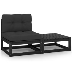 2 pcs conjunto lounge jardim c/ almofadões pinho maciço preto