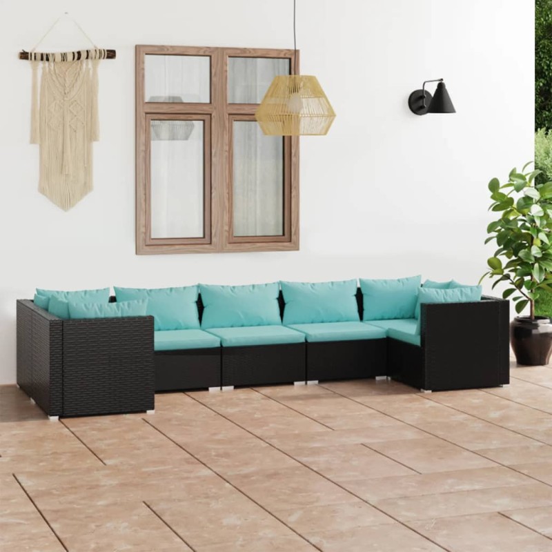 7 pcs conjunto lounge de jardim c/ almofadões vime PE preto-Conjuntos de jardim-Home Retail