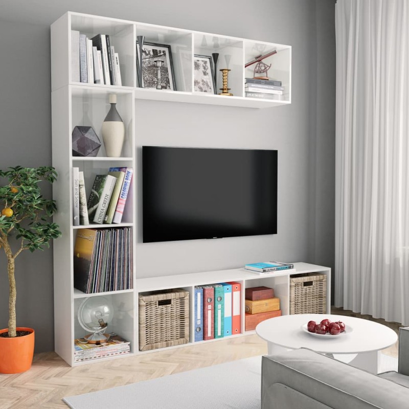 3 pcs conj. armário TV/estante 180x30x180 cm branco brilhante-Estantes para livros-Home Retail