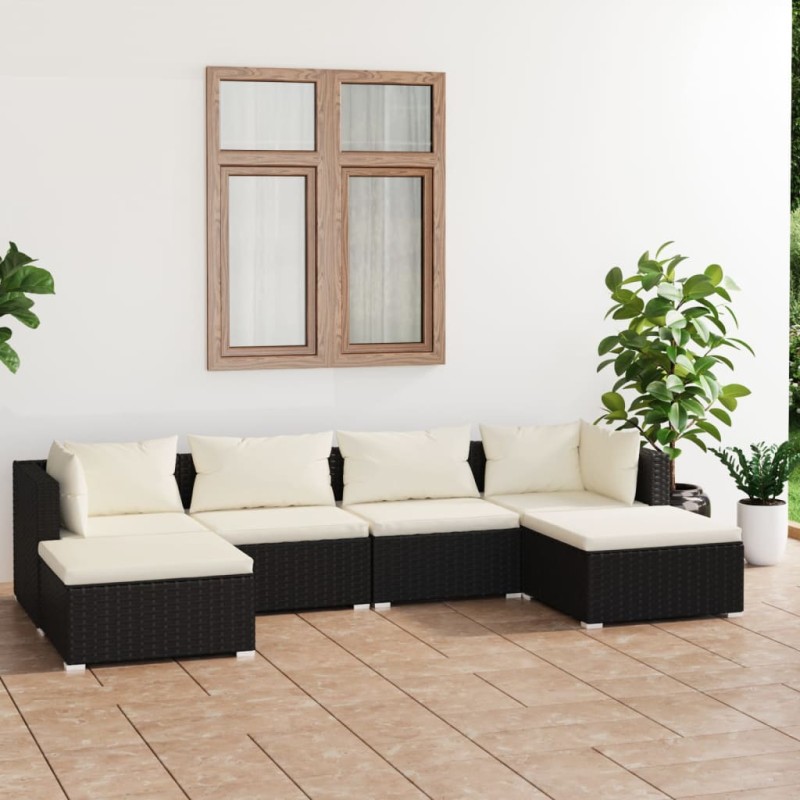 6 pcs conjunto lounge de jardim c/ almofadões vime PE preto-Conjuntos de jardim-Home Retail