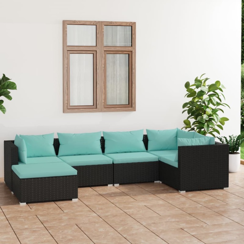 6 pcs conjunto lounge de jardim c/ almofadões vime PE preto-Conjuntos de jardim-Home Retail