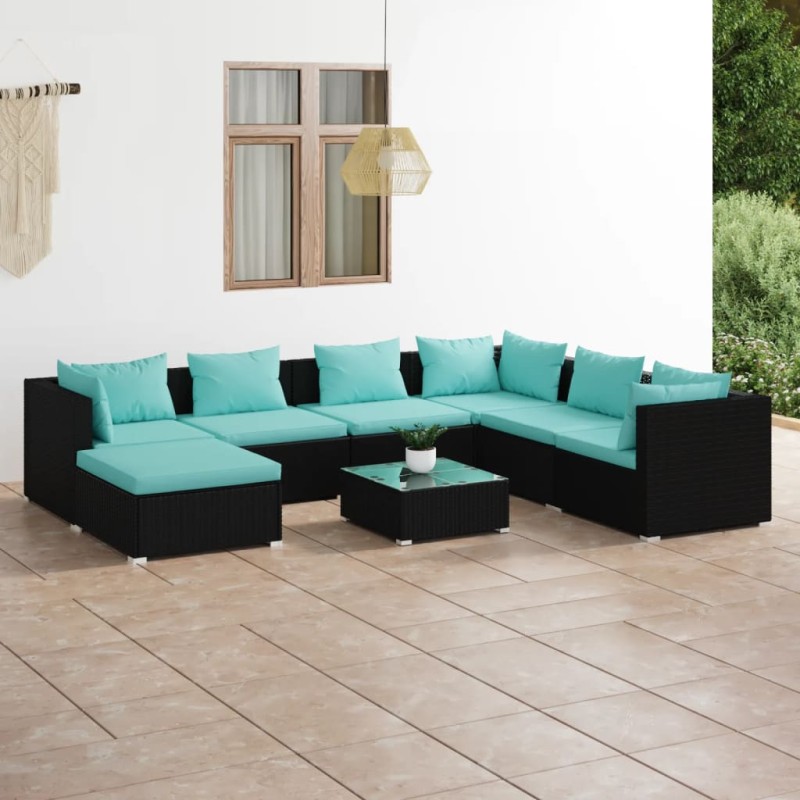 8 pcs conjunto lounge de jardim c/ almofadões vime PE preto-Conjuntos de jardim-Home Retail