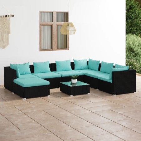 8 pcs conjunto lounge de jardim c/ almofadões vime PE preto