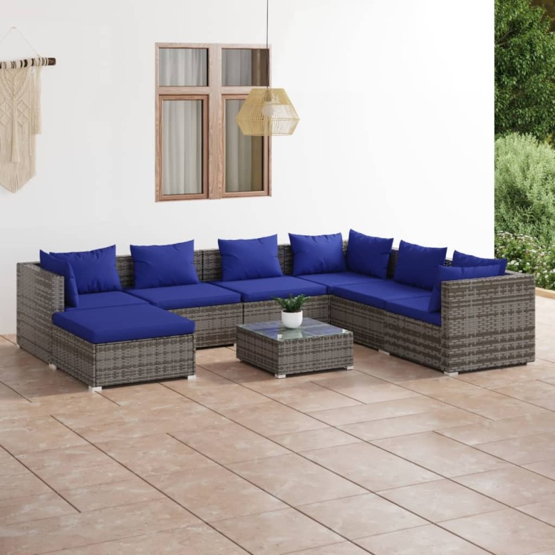 8 pcs conjunto lounge de jardim c/ almofadões vime PE cinzento-Conjuntos de jardim-Home Retail