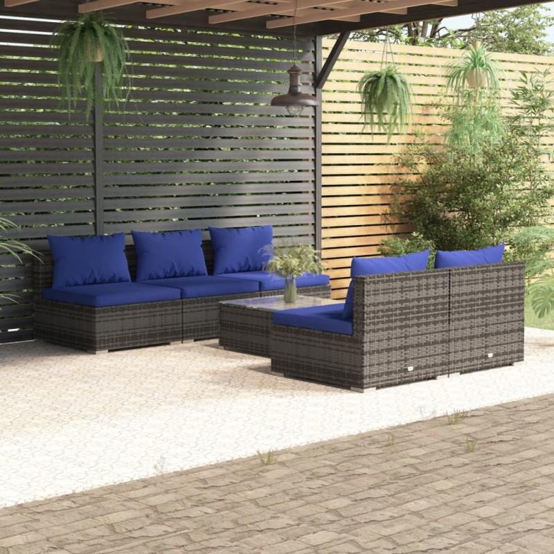 6 pcs conjunto lounge de jardim c/ almofadões vime PE cinzento-Conjuntos de jardim-Home Retail