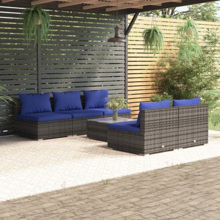 6 pcs conjunto lounge de jardim c/ almofadões vime PE cinzento