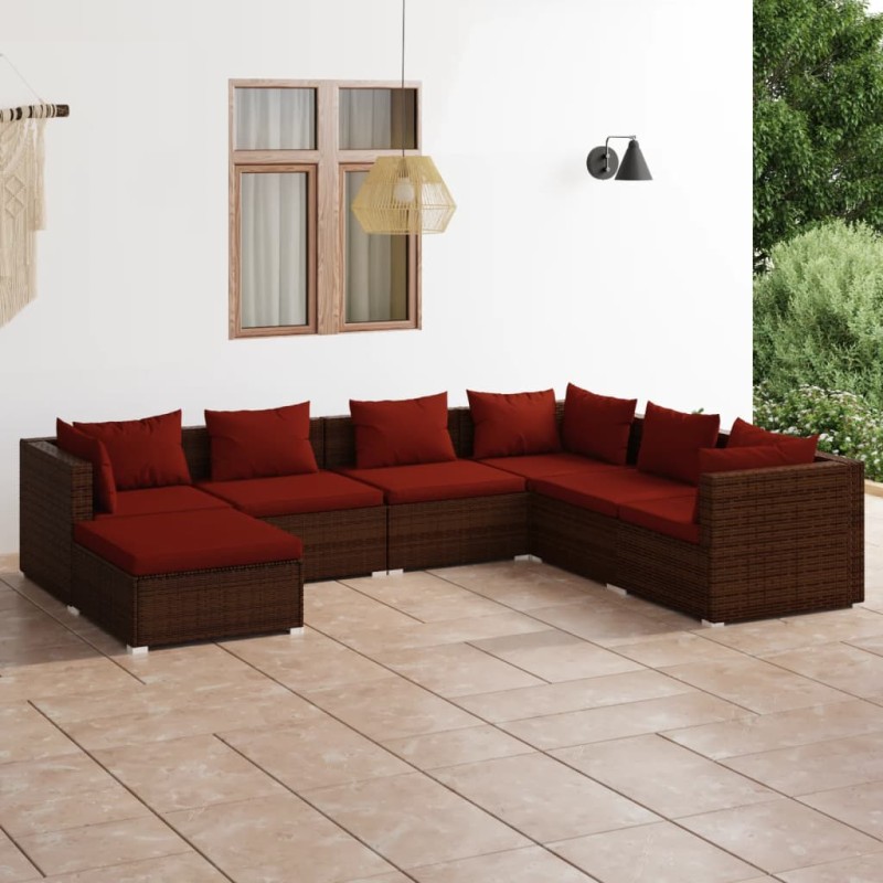 7 pcs conjunto lounge jardim c/ almofadões vime PE castanho-Conjuntos de jardim-Home Retail