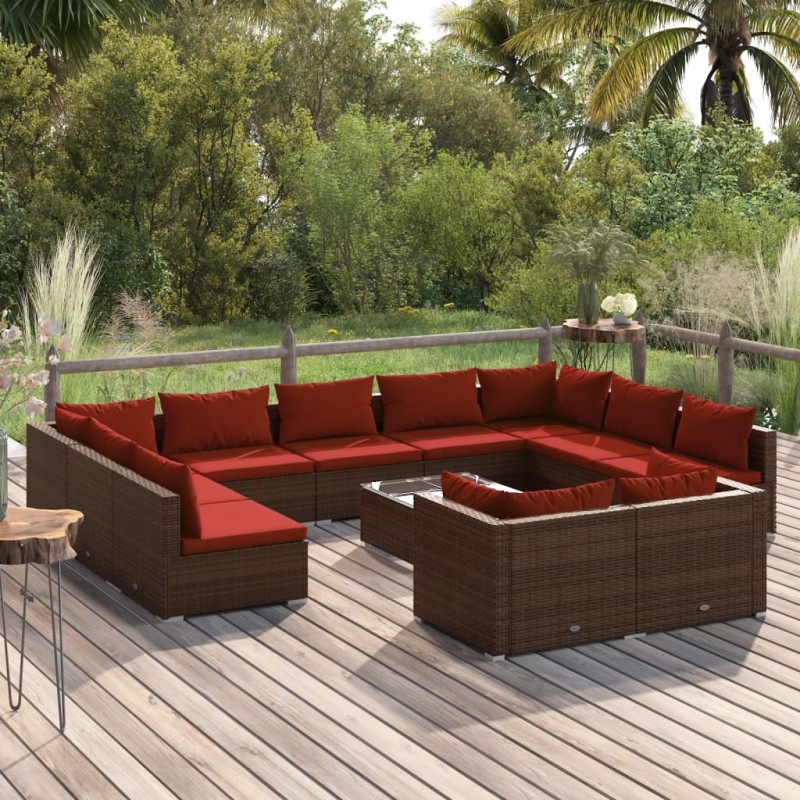 12 pcs conjunto lounge de jardim c/ almofadões vime PE castanho-Conjuntos de jardim-Home Retail