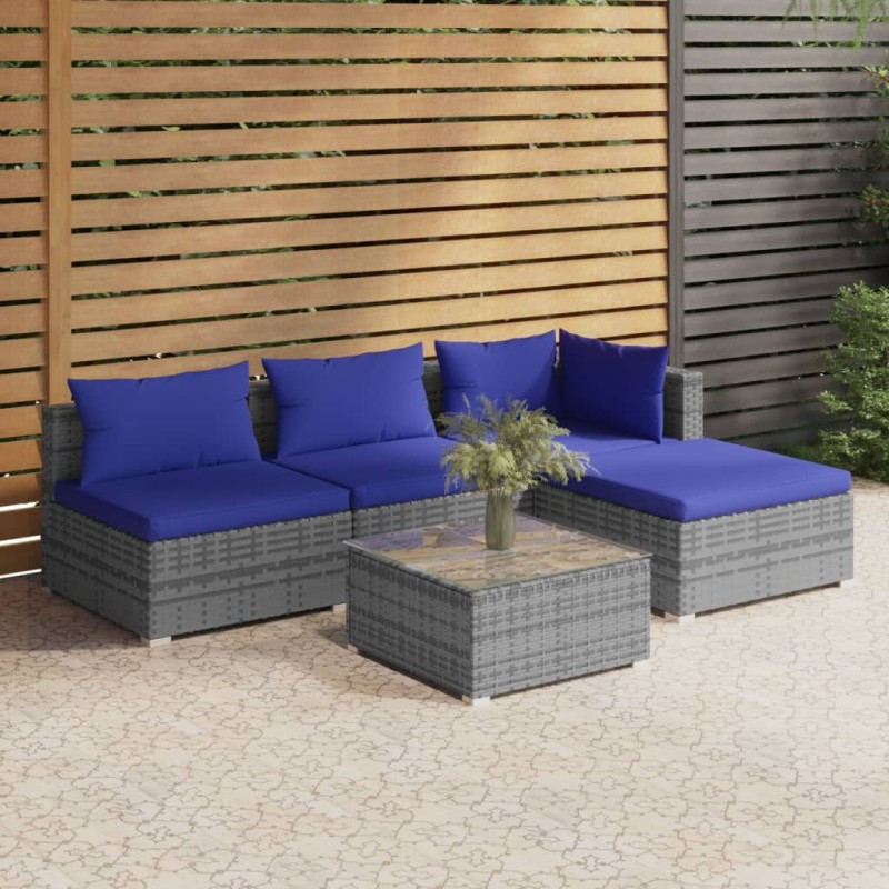 5 pcs conjunto lounge de jardim c/ almofadões vime PE cinzento-Conjuntos de jardim-Home Retail