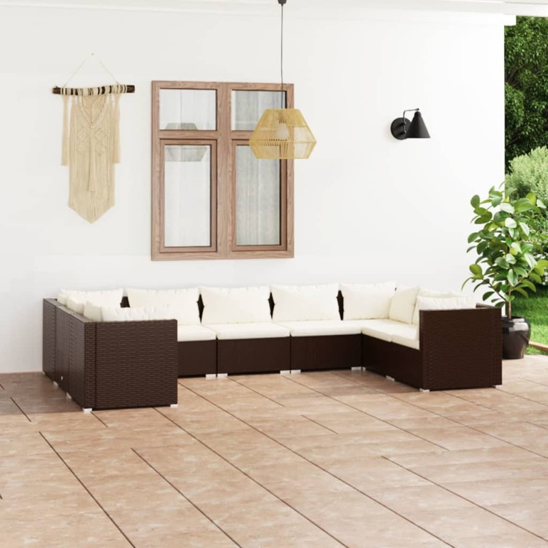 9 pcs conjunto lounge jardim c/ almofadões vime PE castanho-Conjuntos de jardim-Home Retail