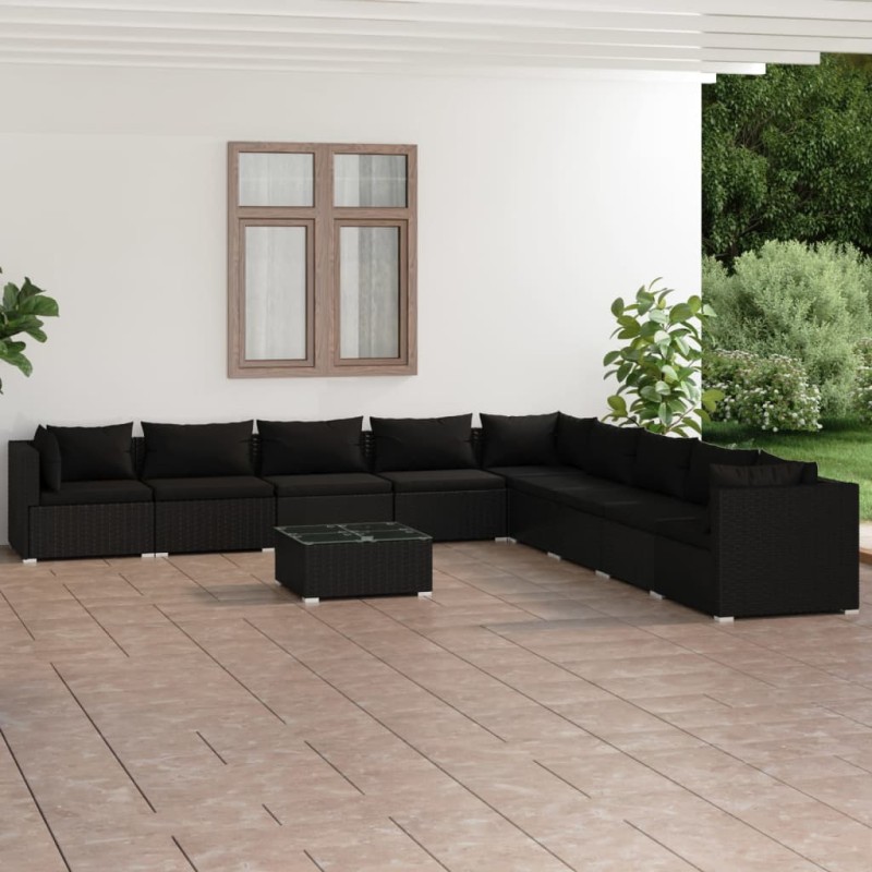 10 pcs conjunto lounge de jardim c/ almofadões vime PE preto-Conjuntos de jardim-Home Retail