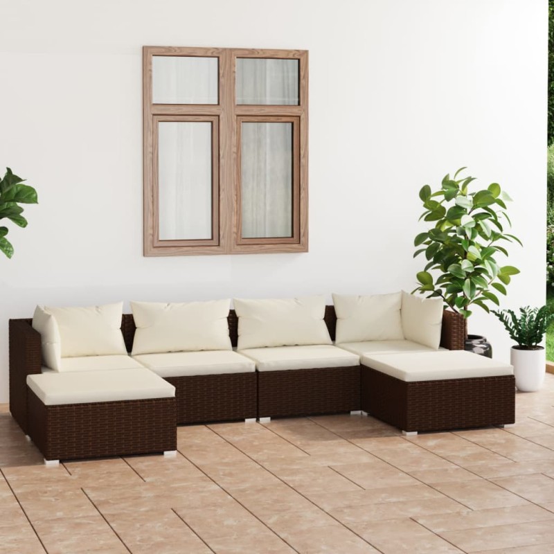 6 pcs conjunto lounge jardim c/ almofadões vime PE castanho-Conjuntos de jardim-Home Retail