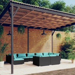 9 pcs conjunto lounge de jardim c/ almofadões vime PE preto