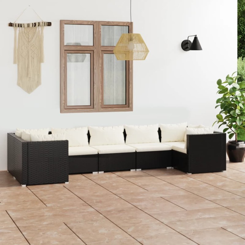 7 pcs conjunto lounge de jardim c/ almofadões vime PE preto-Conjuntos de jardim-Home Retail