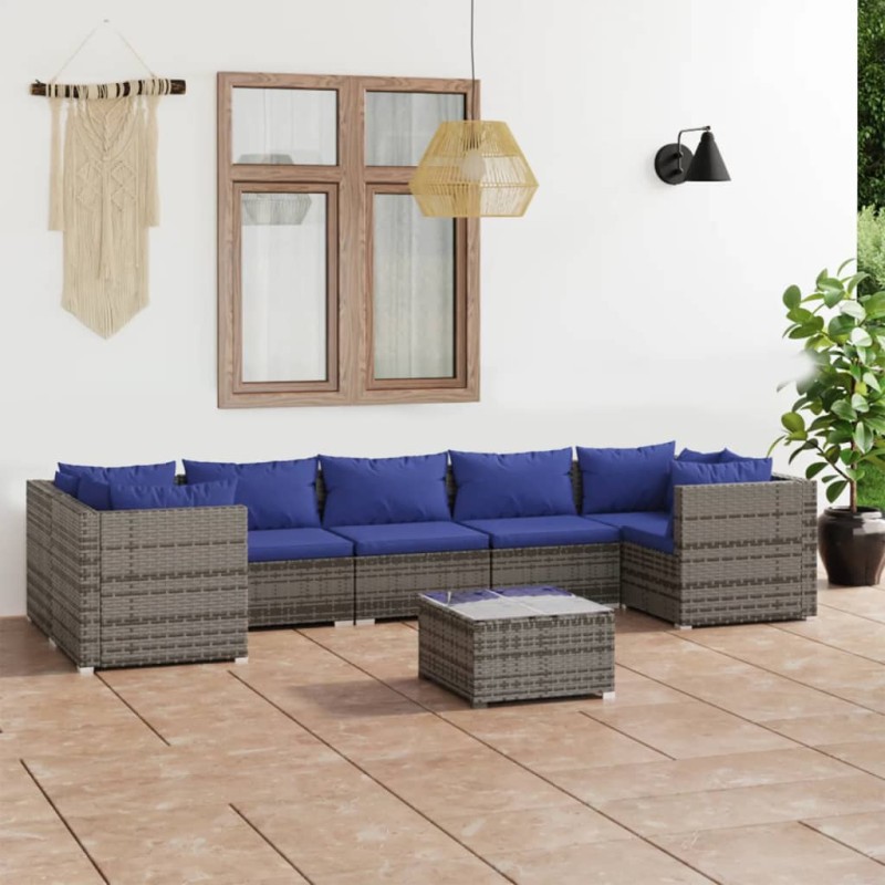 8 pcs conjunto lounge de jardim c/ almofadões vime PE cinzento-Conjuntos de jardim-Home Retail