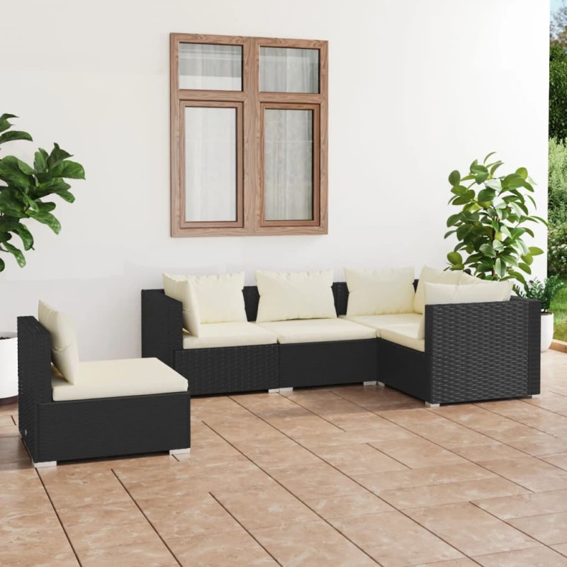 5 pcs conjunto lounge de jardim c/ almofadões vime PE preto-Conjuntos de jardim-Home Retail