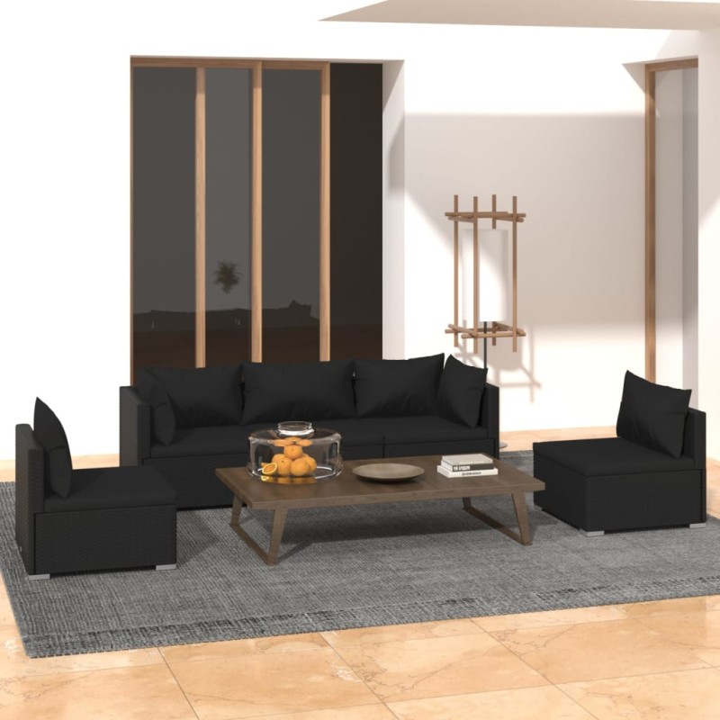 5 pcs conjunto lounge de jardim c/ almofadões vime PE preto-Conjuntos de jardim-Home Retail