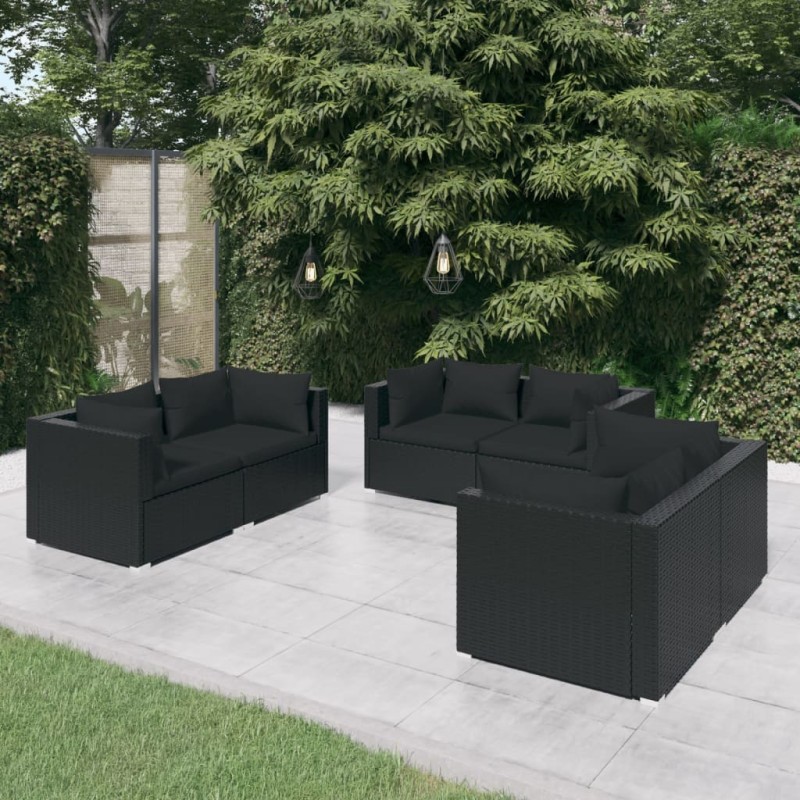 6 pcs conjunto lounge de jardim c/ almofadões vime PE preto-Conjuntos de jardim-Home Retail