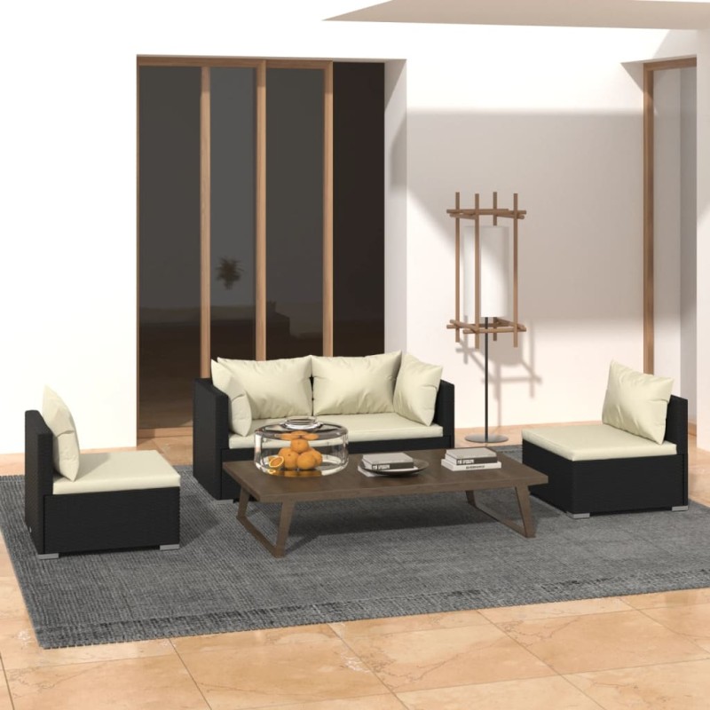 4 pcs conjunto lounge de jardim c/ almofadões vime PE preto-Conjuntos de jardim-Home Retail