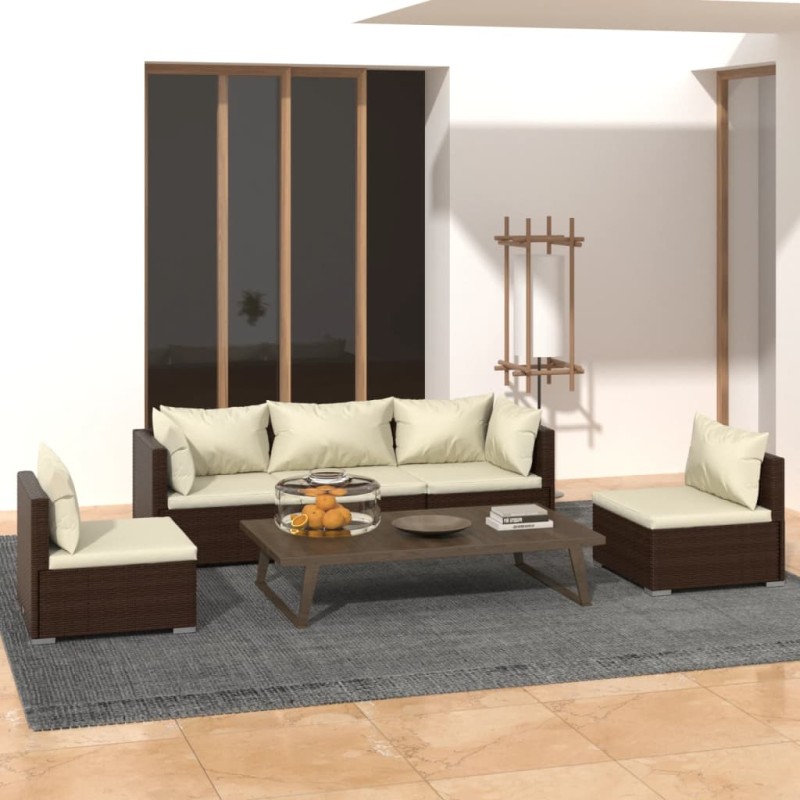 5 pcs conjunto lounge jardim c/ almofadões vime PE castanho-Conjuntos de jardim-Home Retail