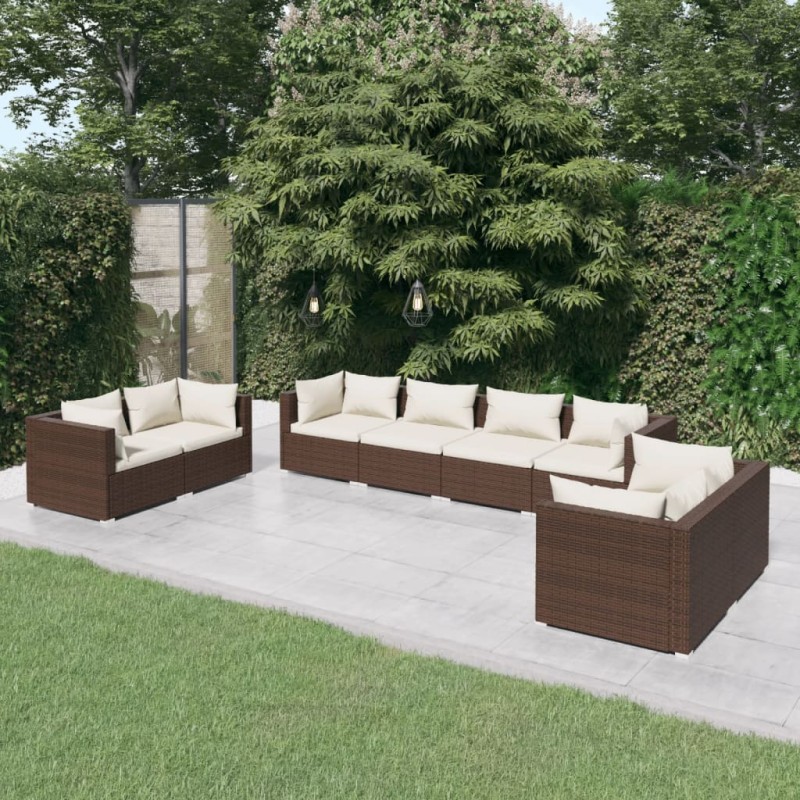 8 pcs conjunto lounge jardim c/ almofadões vime PE castanho-Conjuntos de jardim-Home Retail