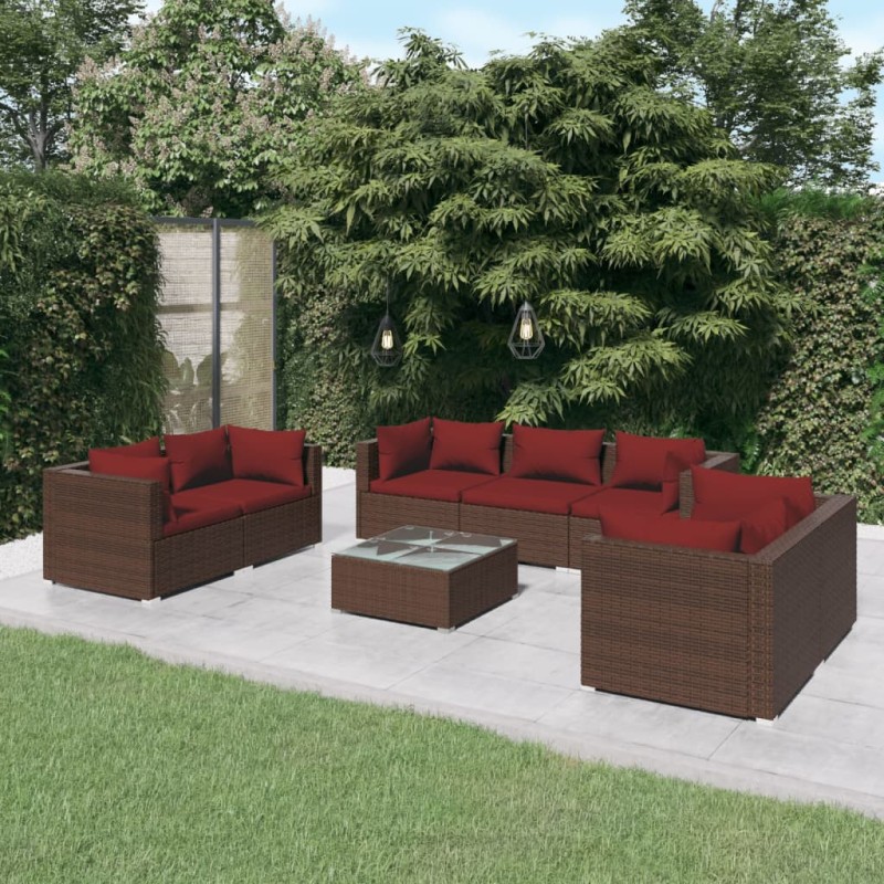 8 pcs conjunto lounge jardim c/ almofadões vime PE castanho-Conjuntos de jardim-Home Retail