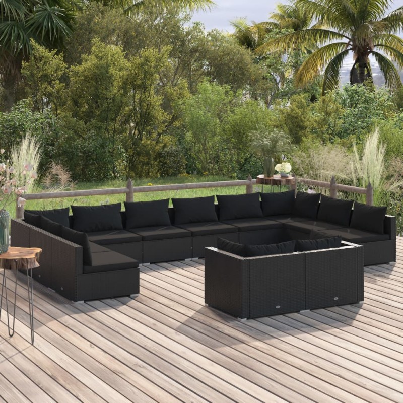 12 pcs conjunto lounge de jardim c/ almofadões vime PE preto-Conjuntos de jardim-Home Retail