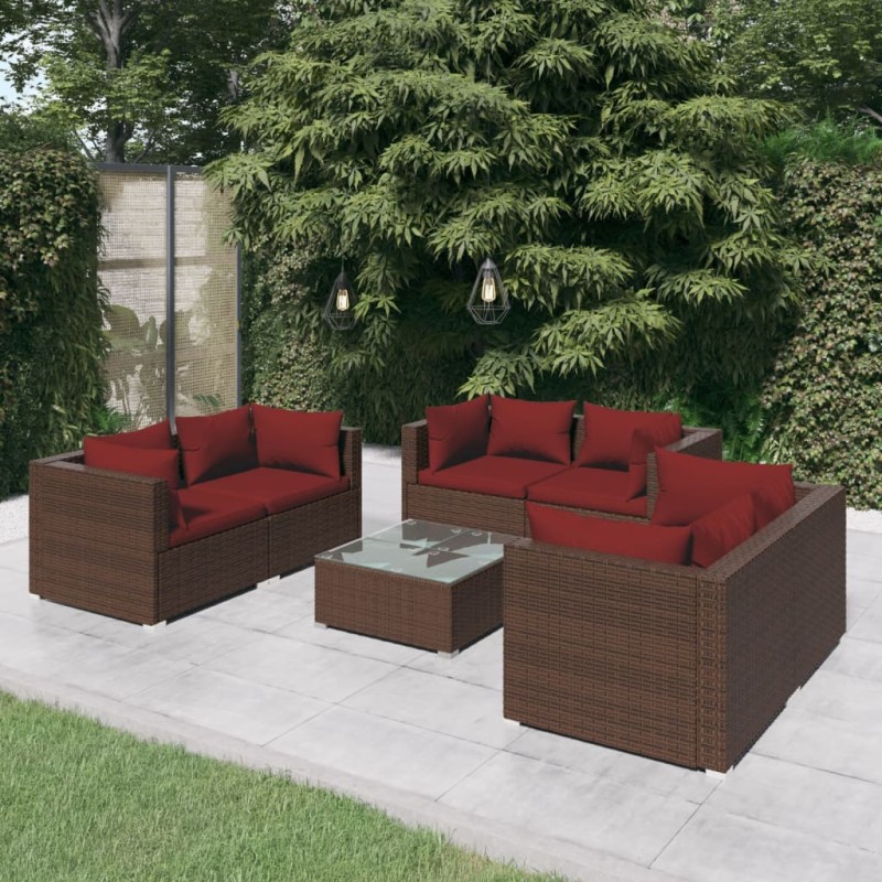 7 pcs conjunto lounge jardim c/ almofadões vime PE castanho-Conjuntos de jardim-Home Retail