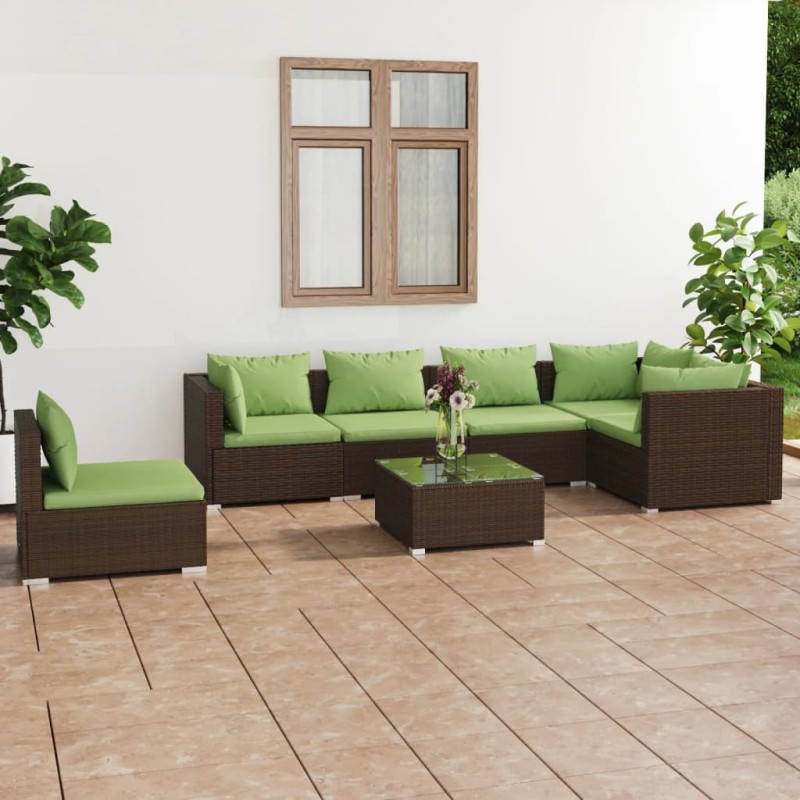 7 pcs conjunto lounge de jardim c/ almofadões vime PE castanho-Conjuntos de jardim-Home Retail