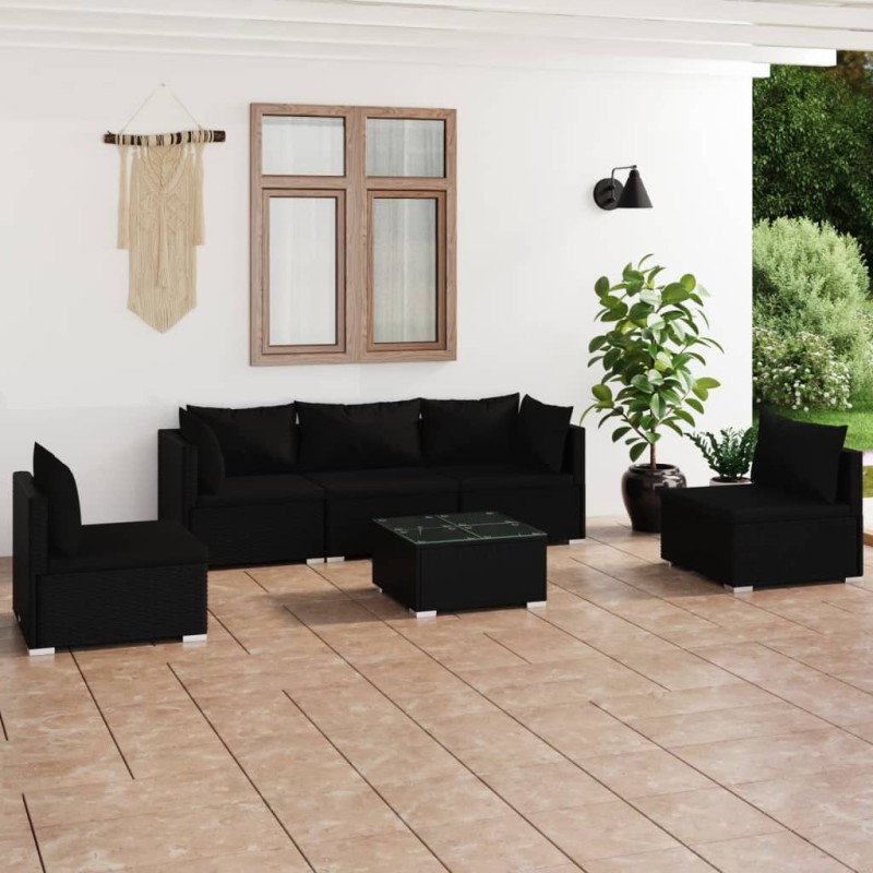 6 pcs conjunto lounge de jardim c/ almofadões vime PE preto-Conjuntos de jardim-Home Retail