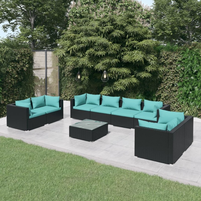 9 pcs conjunto lounge de jardim c/ almofadões vime PE preto-Conjuntos de jardim-Home Retail