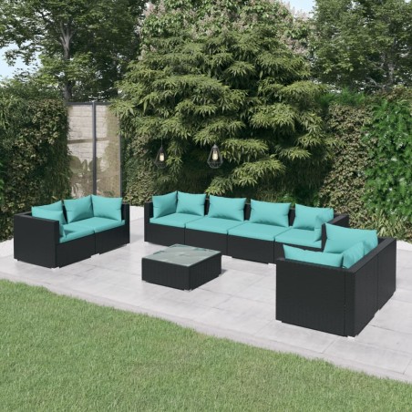 9 pcs conjunto lounge de jardim c/ almofadões vime PE preto