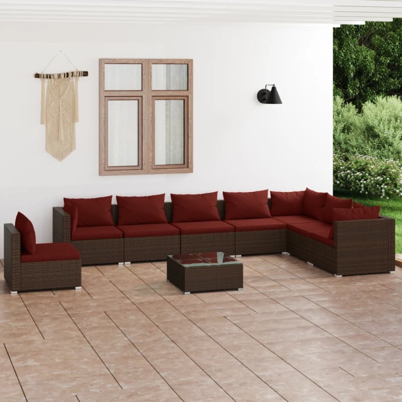 9 pcs conjunto lounge de jardim c/ almofadões vime PE castanho-Conjuntos de jardim-Home Retail