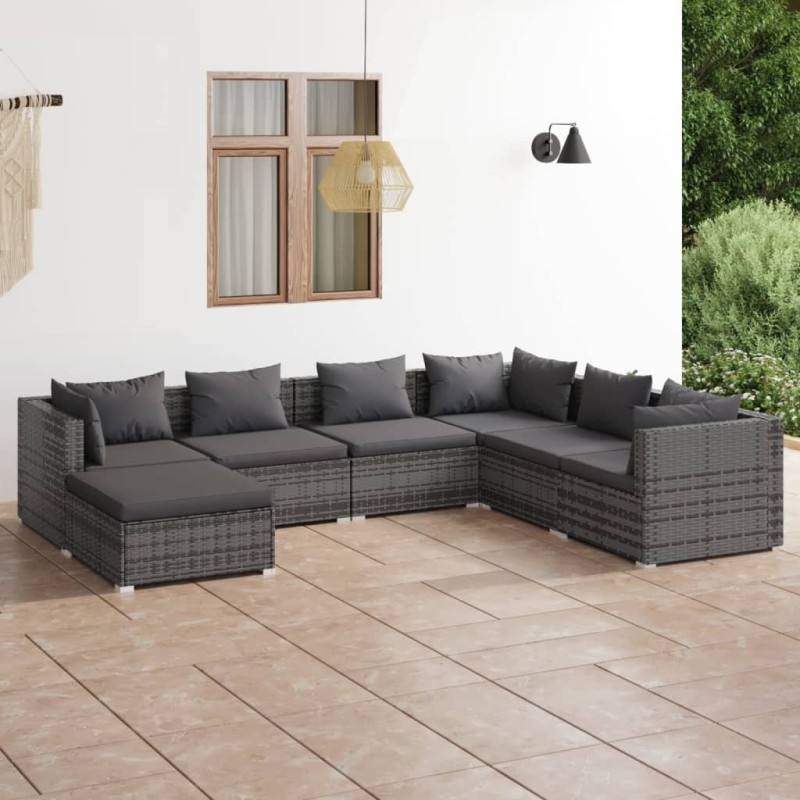 7 pcs conjunto lounge de jardim c/ almofadões vime PE cinzento-Conjuntos de jardim-Home Retail