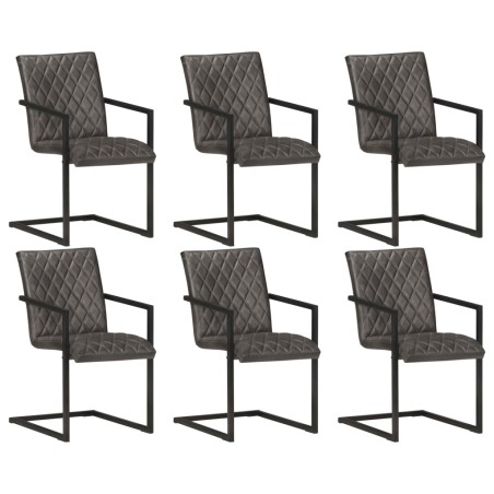 Cadeiras de jantar cantilever 6 pcs couro genuíno cinzento