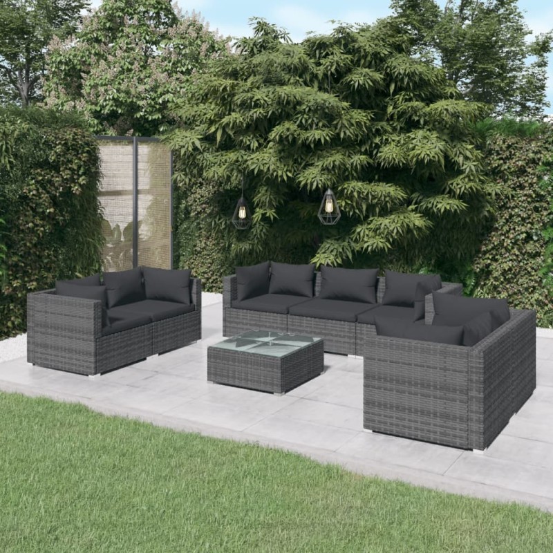 8 pcs conjunto lounge de jardim c/ almofadões vime PE cinzento-Conjuntos de jardim-Home Retail