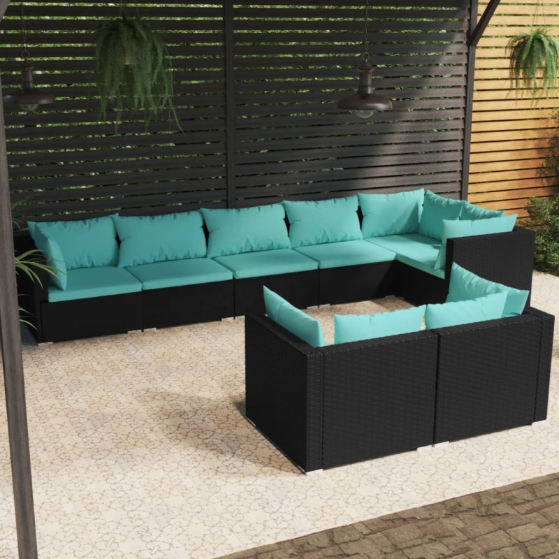 8 pcs conjunto lounge de jardim c/ almofadões vime PE preto-Conjuntos de jardim-Home Retail