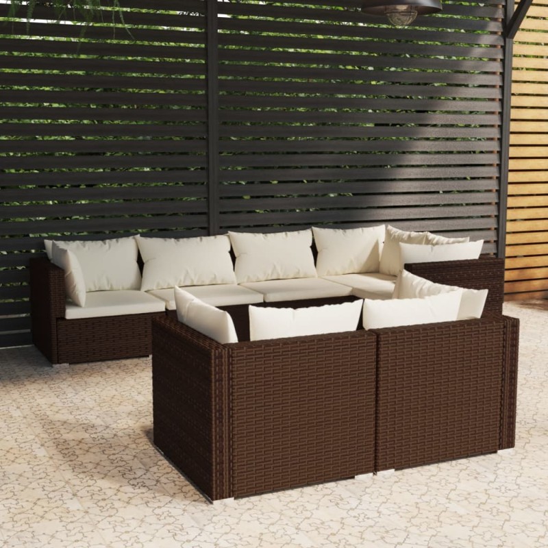 7 pcs conjunto lounge jardim c/ almofadões vime PE castanho-Conjuntos de jardim-Home Retail