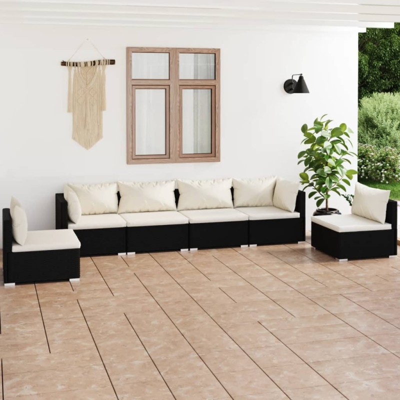 6 pcs conjunto lounge de jardim c/ almofadões vime PE preto-Conjuntos de jardim-Home Retail