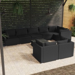 9 pcs conjunto lounge de jardim c/ almofadões vime PE preto