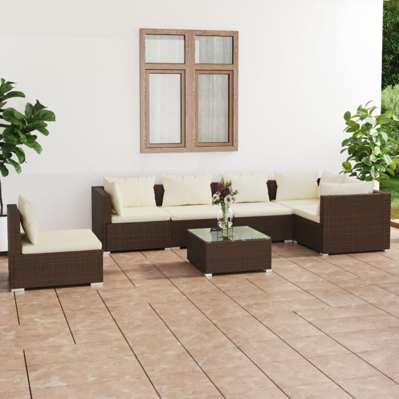 7 pcs conjunto lounge jardim c/ almofadões vime PE castanho-Conjuntos de jardim-Home Retail