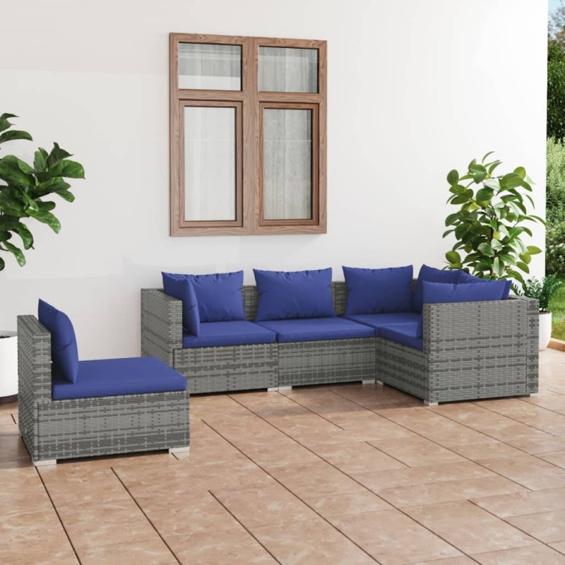 5 pcs conjunto lounge de jardim c/ almofadões vime PE cinzento-Conjuntos de jardim-Home Retail