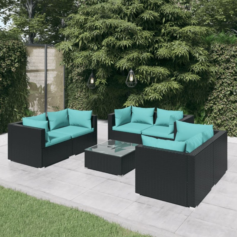 7 pcs conjunto lounge de jardim c/ almofadões vime PE preto-Conjuntos de jardim-Home Retail