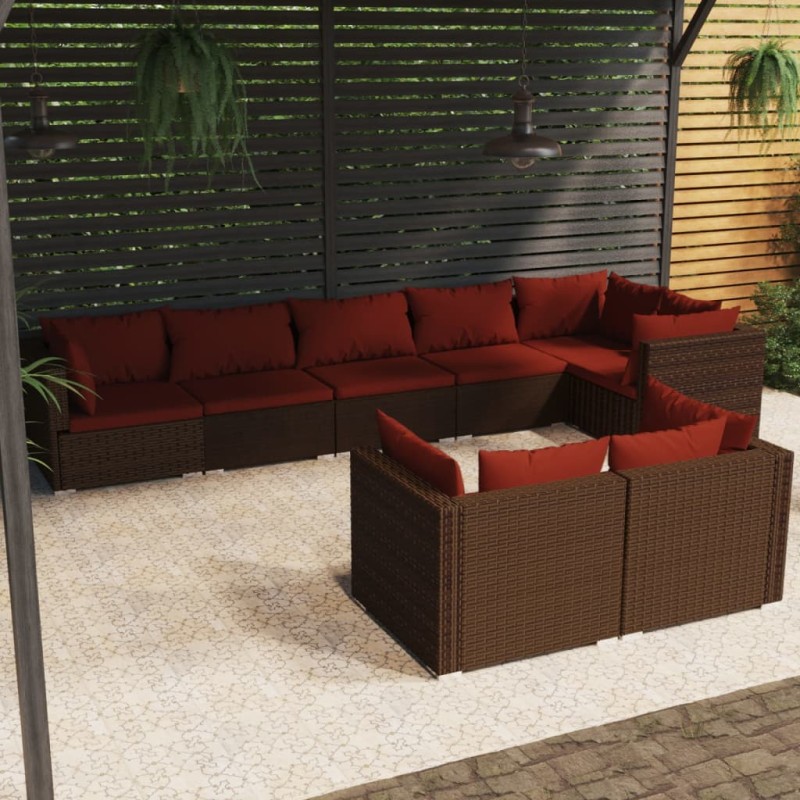 8 pcs conjunto lounge jardim c/ almofadões vime PE castanho-Conjuntos de jardim-Home Retail