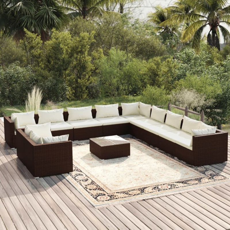 12 pcs conjunto lounge jardim c/ almofadões vime PE castanho-Conjuntos de jardim-Home Retail