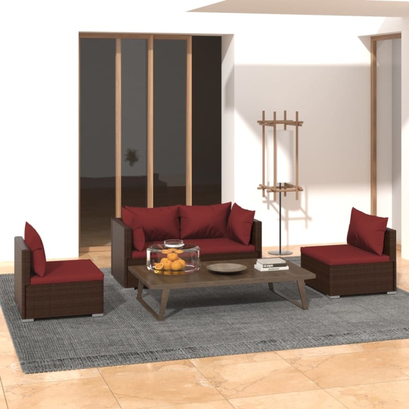 4 pcs conjunto lounge jardim c/ almofadões vime PE castanho-Conjuntos de jardim-Home Retail